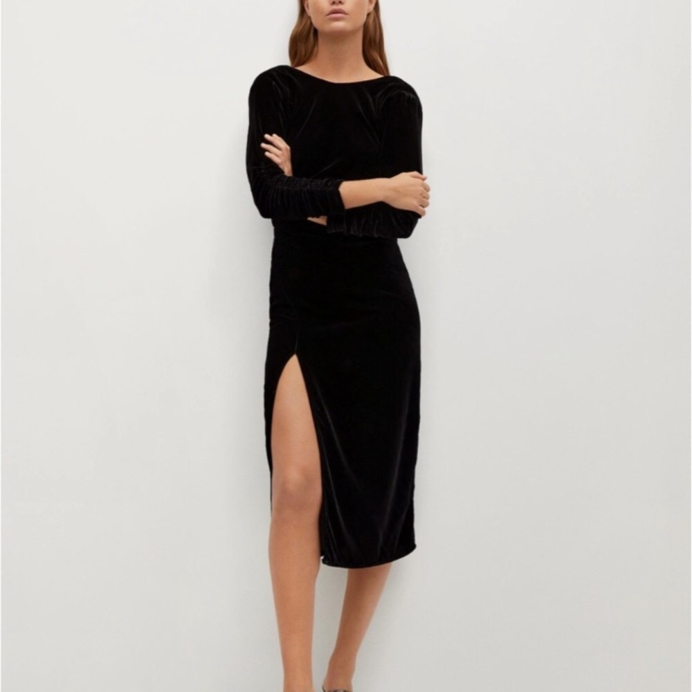 Mango Black Velvet Midi Dress